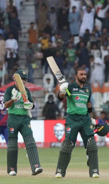 Iftikhar Ahmed celebrates after reaching his maiden ODI hundred